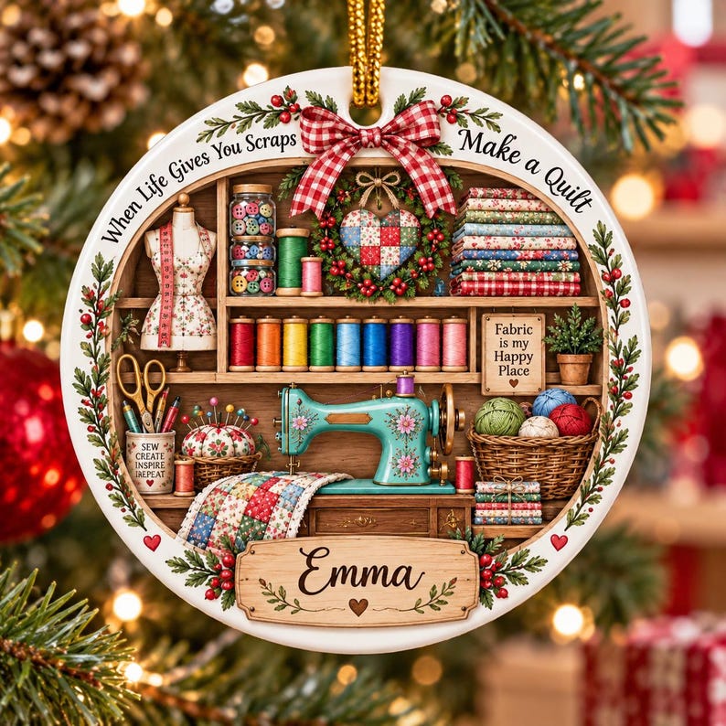 May include: A round ceramic ornament featuring a sewing room scene with a teal sewing machine, colorful thread spools, fabric stacks, and a mannequin. The text reads When Life Gives You Scraps Make a Quilt, Fabric is my Happy Place, and Emma.