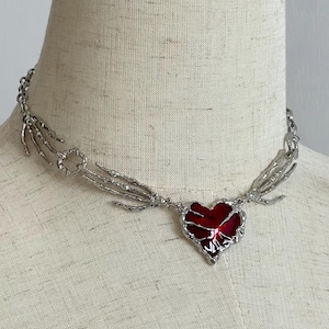 Gothic Silver Choker with Dark Red Heart | Y2K Lolita Princess Necklace | Edgy Statement Jewellery