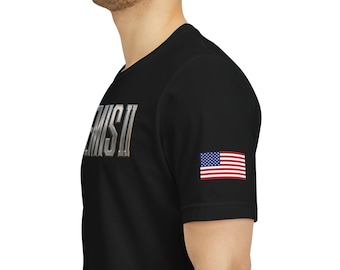 Artemis II Mission Commemorative Tee, Moon Flight Path, US Flag Shoulder