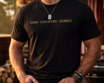 God · Country · Family T-Shirt | Minimalist Patriotic Tee, Optional Personalized Neck Label
