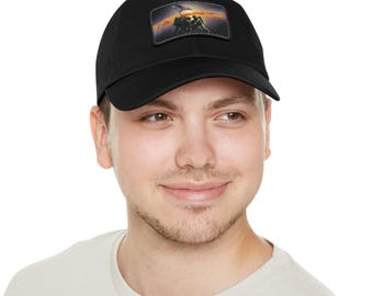 Astronauts Raising US Flag in Galaxy Dad Hat with Leather Patch