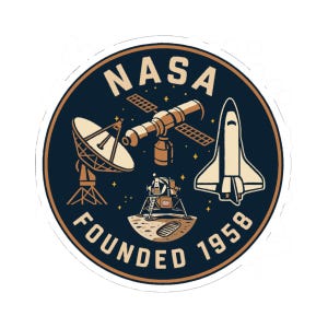 May include: A circular sticker featuring the NASA logo with a dark blue background and a brown border. The design includes a satellite, a space shuttle, a lunar lander, and a radar dish. The text "NASA" and "FOUNDED 1958" are also included.