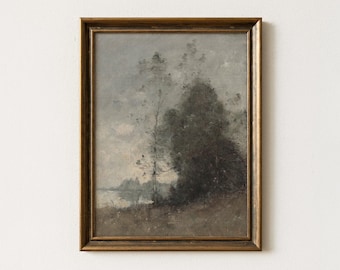 May include: A framed landscape painting with a gold-colored frame. The artwork depicts a serene scene with trees, a body of water, and a cloudy sky. The color palette is muted, featuring shades of gray, brown, and green, creating a vintage aesthetic.