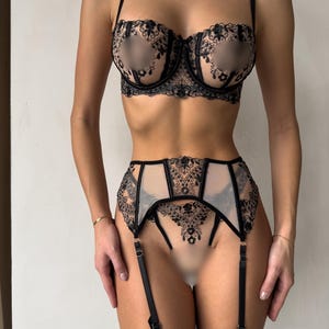 Embroidered Mesh Lingerie Set With High Waist Panties And Garter Sexy Romantic Anniversary Gift For Wife Elegant Underwire Bra Set