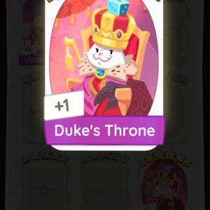 May include: A mobile game screen displays a cartoon rabbit character wearing a crown and royal attire, seated on a throne. The text "Duke's Throne" is visible, along with the words "SEND TO FRIEND".