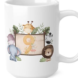 Safari Animals Number 9 Mug | Cute Elephant Giraffe Lion Ceramic Coffee Cup