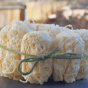May include: A bundle of off-white, noodle-like food items tied together with green twine. The food appears to be in several small, compact portions. The background is blurred, suggesting an outdoor setting.