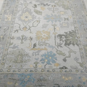 Handwoven Wool Oushak Rug: Light Blue Pastel Floral Turkish Carpet