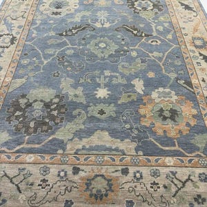 Handmade Oushak Wool Rug: 9x12 Blue Distressed Turkish Carpet
