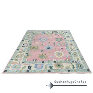 Handmade Oushak Wool Rug 8x10: Pink, Green & Blue Floral Carpet