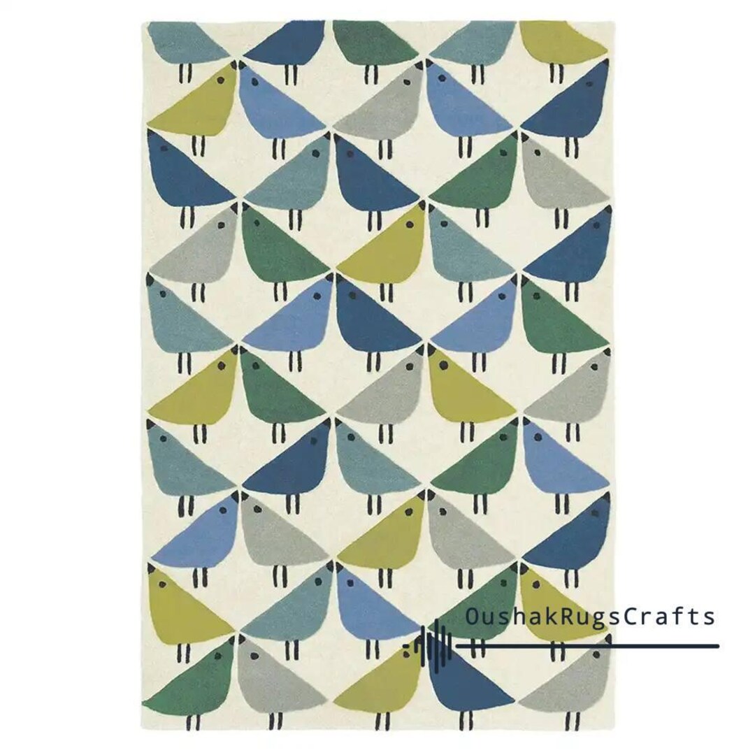 Bright Bird Rug Hand-tufted Bird Rug | Modern Wool Kids Room Carpet | Blue Green Yellow ...