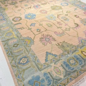 Blush Pink Oushak Rug 9x12 | Hand-Knotted Turkish Wool Area Carpet | Soft Pastel Vintage Design | Large Living Room Rug | Boho Decor