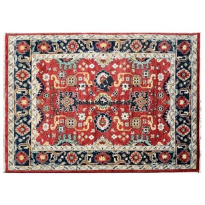 Handwoven Wool Oushak Rug: Red & Navy Persian Style Carpet (10x14 ft)