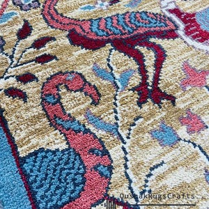 Tree of Life Oushak Rug | Hand-Knotted Turkish Wool | Bird & Floral Motif | Red Blue Beige | 6x9 Vintage Area Rug