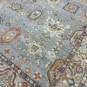 Handmade Oushak Wool Rug: Blue Gray Floral Turkish Carpet 6x9 Ft