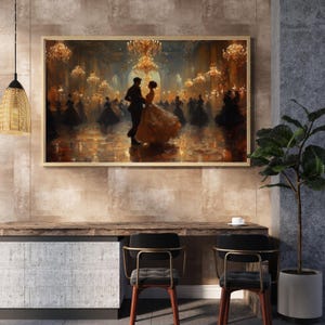 May include: A framed painting depicts a ballroom scene with couples dancing under ornate chandeliers. The artwork features warm tones of gold, brown, and black, creating a romantic and elegant atmosphere. The painting is displayed above a wooden desk with two black chairs.