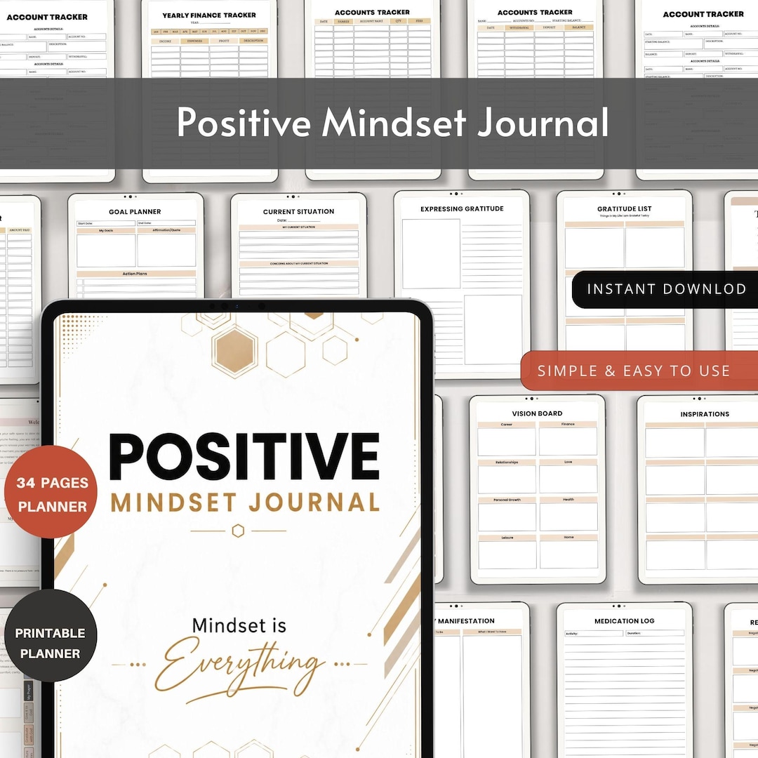 Positive Mindset Journal, Printable Self Growth Workbook, Gratitude ...