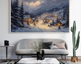 May include: A framed painting of a winter scene showing a snow-covered village in a valley, with lit buildings and falling snow. The artwork uses a warm colour palette, highlighting the cosy atmosphere of the village.