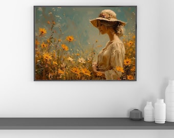 A Girl in Flower Field Canvas Print | Abstract Woman Art Canvas | Landscape Wall Art | Nature Landscape Poster | Housewarming gift