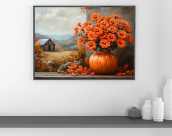 Arte de parede em tela com natureza morta de abóbora e folhas de outono | Pintura de abóbora temperamental | Arte cottagecore | Arte de parede de outono | Download digital