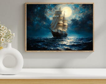 Dipinto di vela al chiaro di luna / Luna di notte sul mare / Dipinto nautico con cielo notturno / Decorazione murale costiera / Download digitale