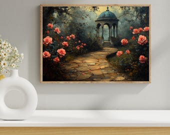 Romantic Garden Pavilion Oil Painting | Pink Rose Garden Path Print | Landscape Print Nature Decor | Pink Rose Wall Art | Digital download