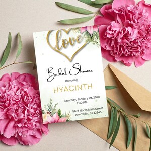 Editable Valentine Bridal Shower Invitation | Floral Bridal Shower Invite | Yellow Hearts Bridal Shower Invite | Digital Template