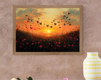 Sunset Floral Field Art Print | Birds Flying Wall Decor | Cottagecore Sunset Bird Painting | Botanical Floral Landscape Canvas Print