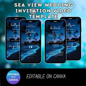 Może przedstawiać: Cyfrowy szablon wideo zaproszenia ślubnego wyświetlany na czterech smartfonach. Projekt przedstawia widok na morze z palmami, plażą i tekstem "SEA VIEW WEDDING INVITATION VIDEO TEMPLATE". Zaproszenie zawiera szczegóły takie jak RSVP, data i lokalizacja.