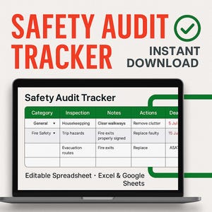 Sjabloon checklist veiligheidsaudit | Afdrukbaar gezondheids- en veiligheidsinspectieblad | Google Spreadsheets en Excel-indeling | Direct downloaden