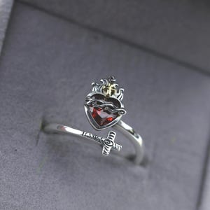 Cross & Sacred Heart Open Ring – 925 Sterling Silver Adjustable Faith Ring – January Birthstone Christian Jewelry Gift for Women