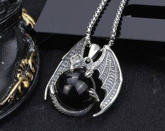 Black Obsidian Dragon Necklace: 925 Sterling Silver Dragon Jewelry – Protective Amulet for Strength, Courage & Good Luck