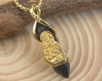 Collier Saint Joseph : argent sterling, médaille d'or, cristal noir