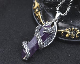 Dragon Amethyst Crystal Necklace – Sterling Silver Protection Talisman Pendant for Men & Women – Strength, Courage, Healing Jewelry Gift