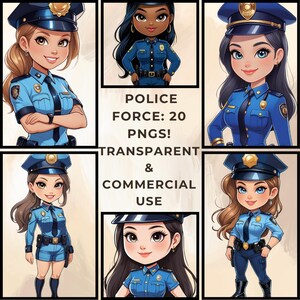 20枚のちび女性警察官PNGバンドル | 透明な背景 | 多様な女性警察官のクリップアート | 商用利用 | 法執行機関アート