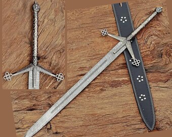 Hand-Forged Damascus Steel Decorative Medieval Longsword with Leather Sheath | Handmade Collectible Display Sword