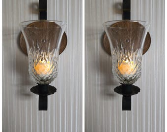 S/2 Antique Wall Scone Oval Copper Candle Sconces Wrought Iron Etched Glass