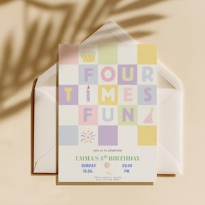 May include: A birthday invitation card with a colorful checkered design. The card reads "FOUR TIMES FUN" in pastel letters. The invitation includes the text "EMMA'S 4th BIRTHDAY" and event details. The card is inside a white envelope.