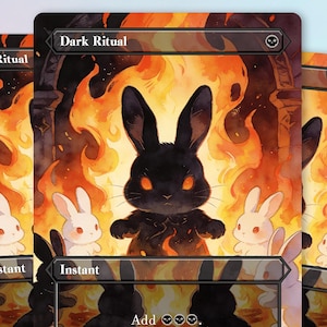 Könnte beinhalten: Drei Sammelkarten mit einem düsteren Fantasy-Thema. Die Karten zeigen einen schwarzen Hasen mit leuchtenden Augen vor einem feurigen Hintergrund. Der Text "Dark Ritual" steht oben und "Instant" unten. Der Text "Add" ist ebenfalls sichtbar.