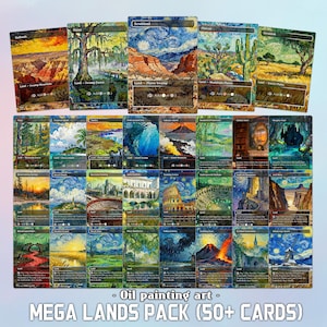 May include: A set of over 50 trading cards with oil painting style landscape art. The cards depict diverse terrains such as mountains, forests, and swamps, using a vibrant colour palette. The text "MEGA LANDS PACK (50+ CARDS)" is visible.