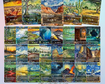 May include: A collection of over 50 trading cards featuring landscape art in the style of oil paintings. The cards showcase various terrains, including mountains, forests, and swamps, with a vibrant color palette. The text "MEGA LANDS PACK (50+ CARDS)" is visible.