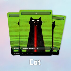 May include: Three rectangular game cards featuring a black cat illustration on a bright green background. The central card displays the text Cat at the top and Token Creature - Cat at the bottom, with a vertical red stripe running down the cat's chest.
