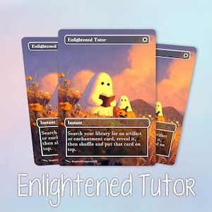 Op de afbeelding: Drie identieke ruilkaarten getiteld Enlightened Tutor met een digitale illustratie van twee witte geesten in een veld bij zonsondergang. De ene geest leest een boek terwijl de andere bij een pompoen zit. De tekst luidt: Search your library for an artifact or enchantment card, reveal it, then shuffle and put that card on top.