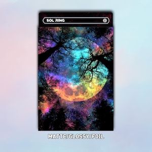 May include: A rectangular card featuring a vibrant galaxy design with a large, colorful moon and silhouetted trees. The text "SOL RING" is at the top, with "1" next to it. The bottom reads "MATTE/GLOSSY/FOIL".