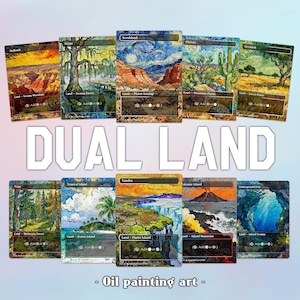May include: A collection of ten dual land cards with landscape art in an oil painting style. The cards feature various environments, including swamps, forests, and islands. The text "DUAL LAND" is prominently displayed, with "Oil painting art" below.
