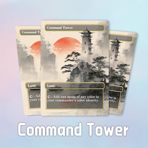 May include: Three "Command Tower" trading cards with a Japanese-inspired landscape design. The artwork features a red sun, a pagoda, and a mountain scene. The cards are labeled "Land".