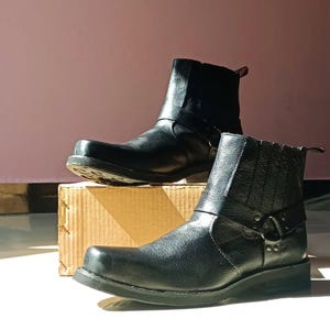 Vintage Black Leather Biker Boots with Buckle Detail | Motorcycle Ankle Boots | Grunge Goth Punk Combat Boots
