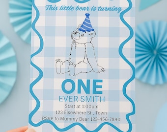 Blue Gingham Little Bear 1st Birthday Invitation: Editable Template (Digital Download)