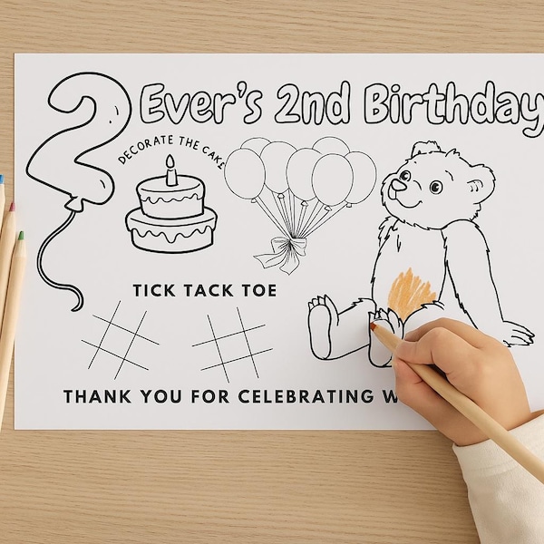 Página para colorear personalizada de osito de cumpleaños: recuerdo para el segundo cumpleaños (descarga en PDF)