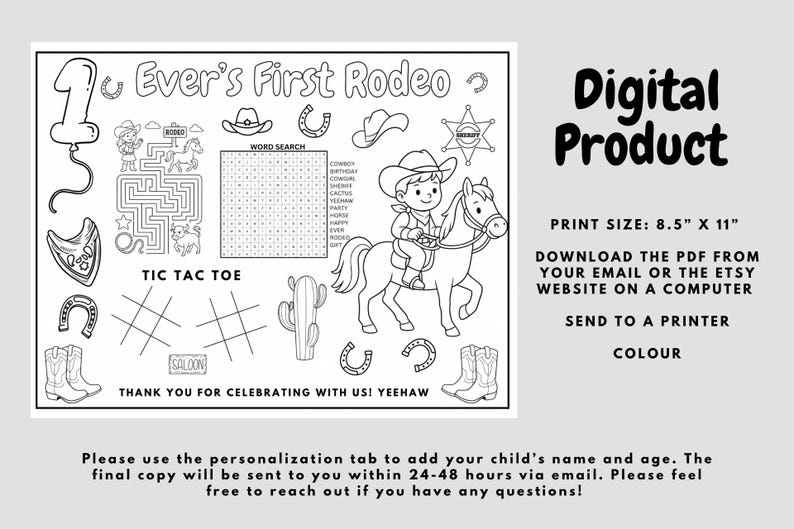 First Rodeo Activity Page Personalized Boy Rodeo Birthday Coloring Page: Rodeo Party Activity ...